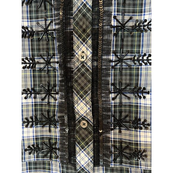 J. Crew Women Beaded Embellished Forest Green Tartan Plaid Shirt Small Sequin - Picture 11 of 14
